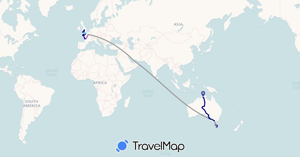 TravelMap itinerary: driving, bus, plane, train, hiking, boat in United Arab Emirates, Australia, France, United Kingdom (Asia, Europe, Oceania)